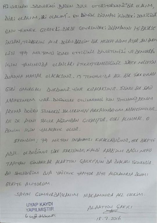 ÇAKICI'DAN ERDOĞAN'A MEKTUP