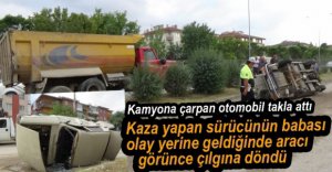 KAMYONA ÇARPAN OTOMOBİL TAKLA ATTI