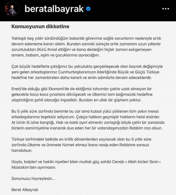 BAKAN ALBAYRAK İSTİFA ETTİ!