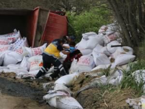 YEM YÜKLÜ KAMYON DEVRİLDİ