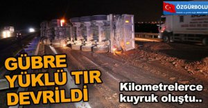 GÜBRE YÜKLÜ TIR DEVRİLDİ