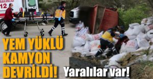 YEM YÜKLÜ KAMYON DEVRİLDİ