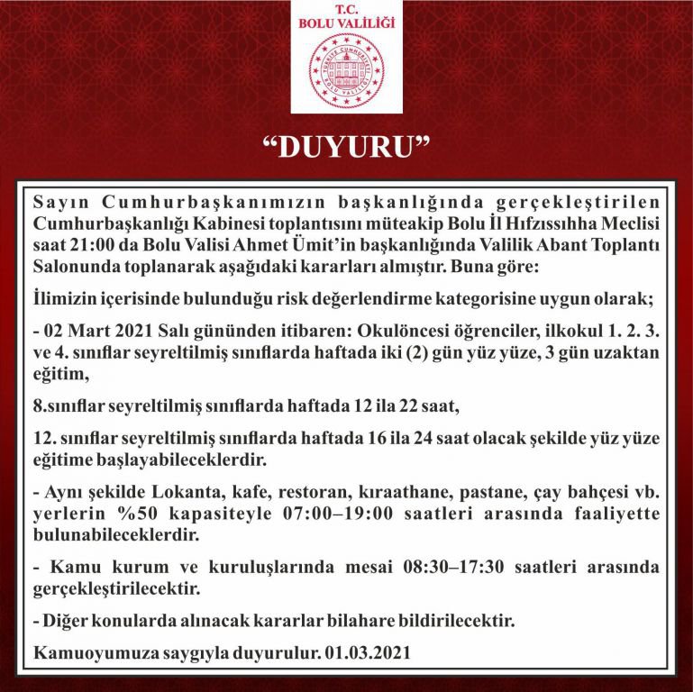 BOLU’DA YÜZ YÜZE EĞİTİM NASIL OLACAK?
