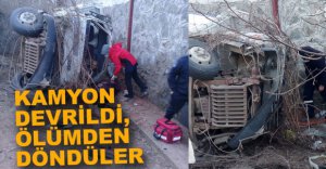 KAMYON DEVRİLDİ, 2 KİŞİ YARALANDI