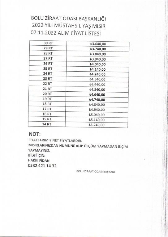 BOLU DANE MISIR ALIM FİYATI AÇIKLANDI