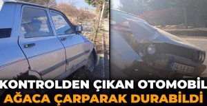 KONTROLDEN ÇIKAN OTOMOBİL AĞACA ÇARPARAK DURABİLDİ