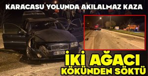 KARACASU YOLUNDA AKILALMAZ KAZA...İKİ AĞACI KÖKÜNDEN SÖKTÜ
