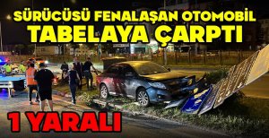 SÜRÜCÜSÜ FENALAŞAN OTOMOBİL TABELAYA ÇARPTI: 1 YARALI