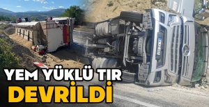 YEM YÜKLÜ TIR  DEVRİLDİ