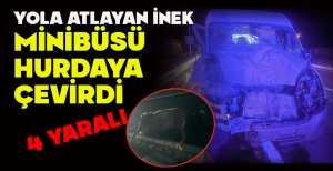 YOLA ATLAYAN İNEK MİNİBÜSÜ HURDAYA ÇEVİRDİ: 4 YARALI