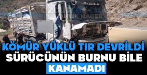 KÖMÜR YÜKLÜ TIR DEVRİLDİ: SÜRÜCÜNÜN BURNU BİLE KANAMADI
