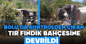KONTROLDEN ÇIKAN TIR FINDIK BAHÇESİNE DEVRİLDİ