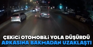 BOLU'DA ÇEKİCİ OTOMOBİLİ DÜŞÜRDÜ... ARKASINA BAKMADAN UZAKLAŞTI...