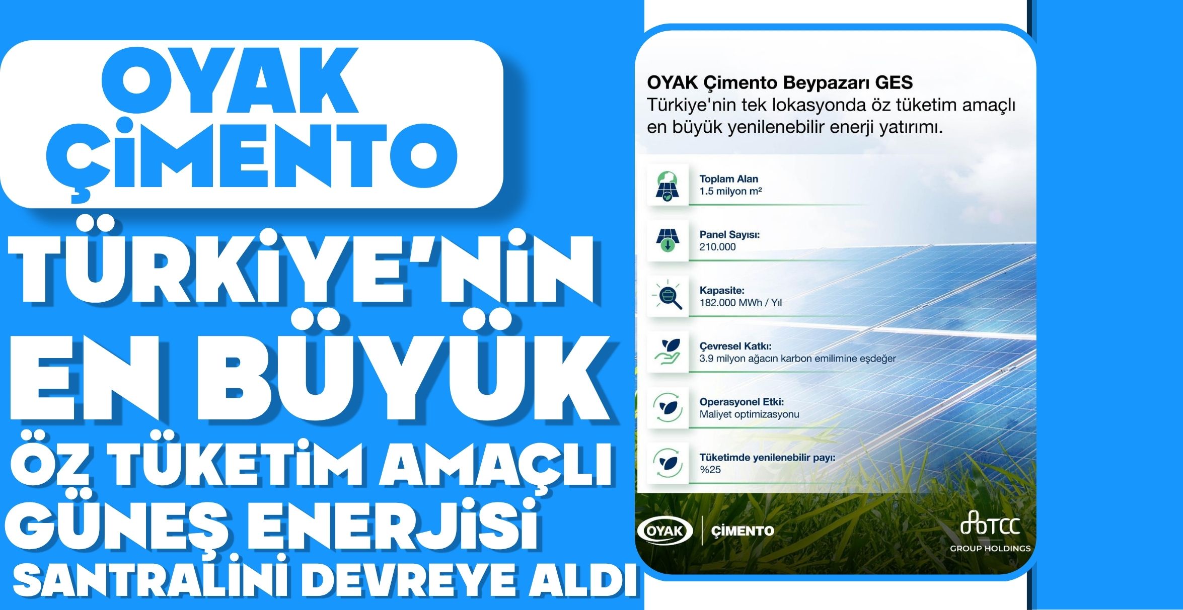 OYAK ÇİMENTO, TÜRKİYE’NİN EN BÜYÜK ÖZ TÜKETİM AMAÇLI GÜNEŞ ENERJİSİ SANTRALİNİ DEVREYE ALDI